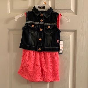 Toddler US Polo Assn. jumpsuit with denim vest.